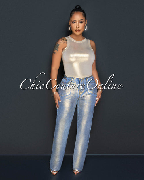 *Tamarah Denim Gold Foil Wide Jeans