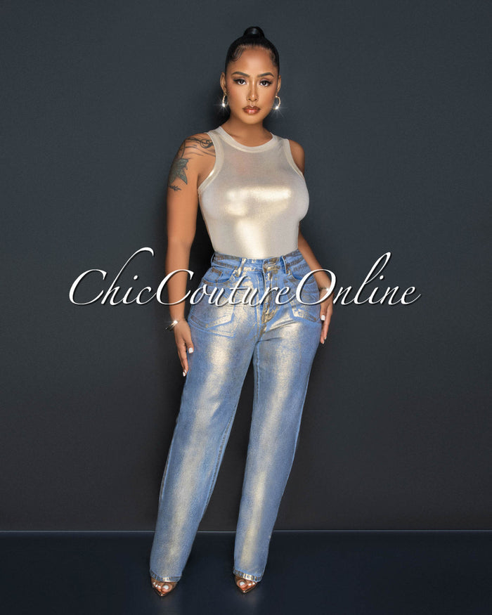 *Tamarah Denim Gold Foil Wide Jeans