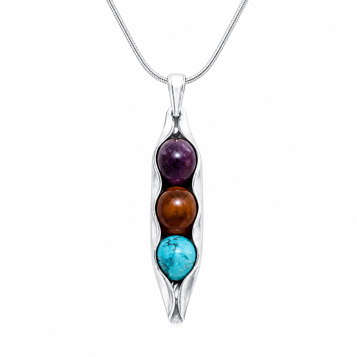 Pea pod necklace with birthstones stones on a white background 3 peas in a pod