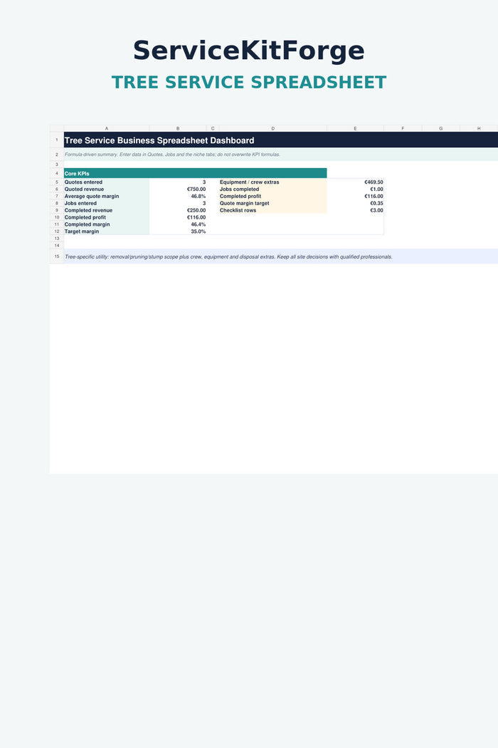 Tree service spreadsheet dashboard preview