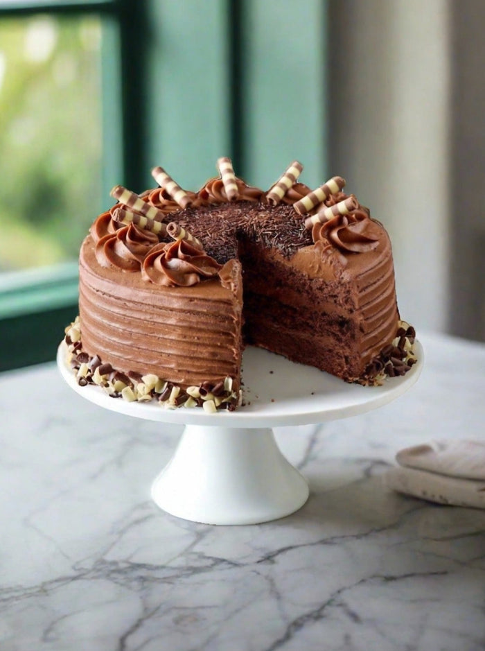Chocolate birthday cake with a wedge removed, piped rosettes and chocolate curls around the top