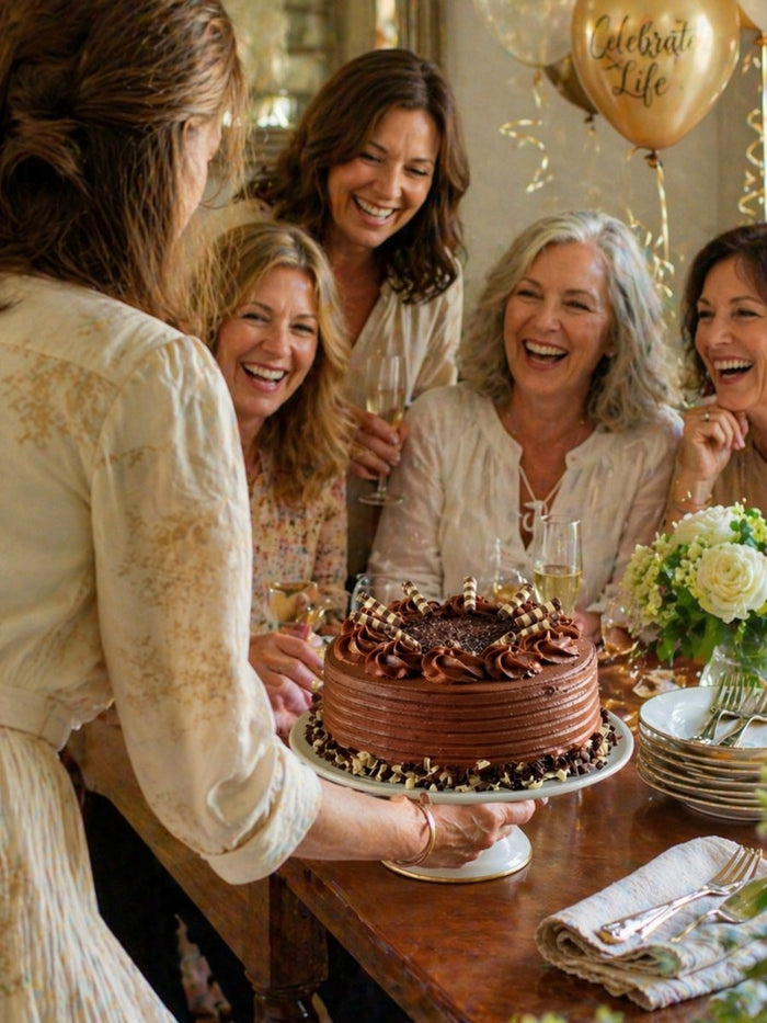 Friends raising a glass as a chocolate layer cake is placed on the table for a birthday