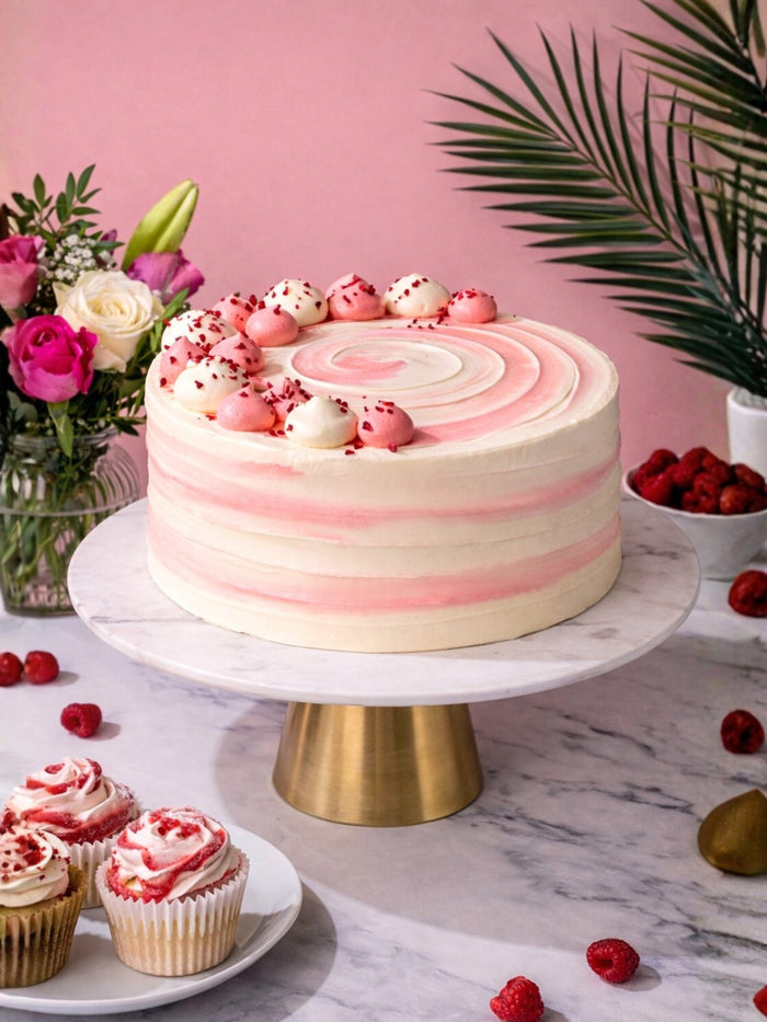 Ultimate Raspberry Ripple Cake with its swirled pink buttercream and fresh raspberries alongside