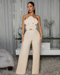 Valentina Nude White Trim Applique Crop Top & Pants Set