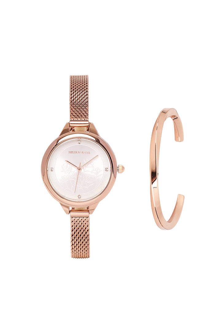 Valerie Mesh Strap Analog Watch with Bangle Set (Beige)