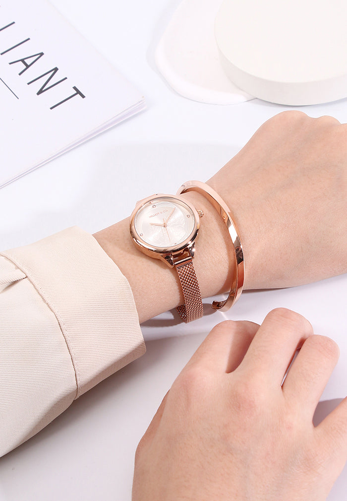 Valerie Mesh Strap Analog Watch with Bangle Set (Beige)