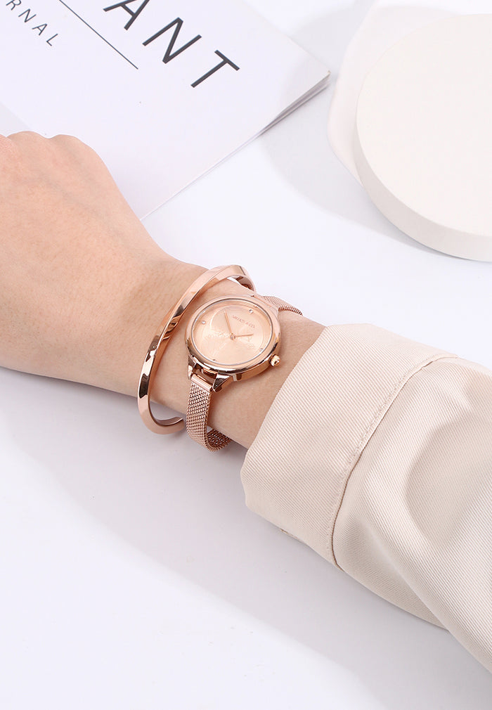 Valerie Mesh Strap Analog Watch with Bangle Set (Rose Gold)