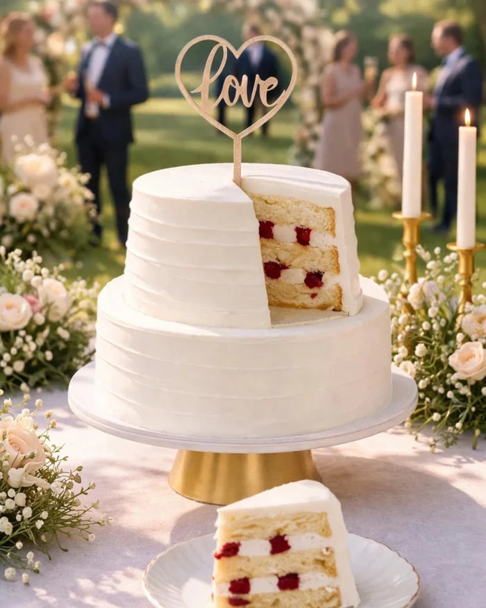 Two tier vanilla wedding cake with a love topper, cut to show its strawberry and cream layers