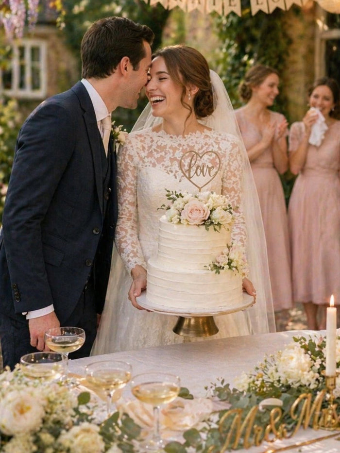Bride and groom beside their vanilla wedding cake with a gold love topper