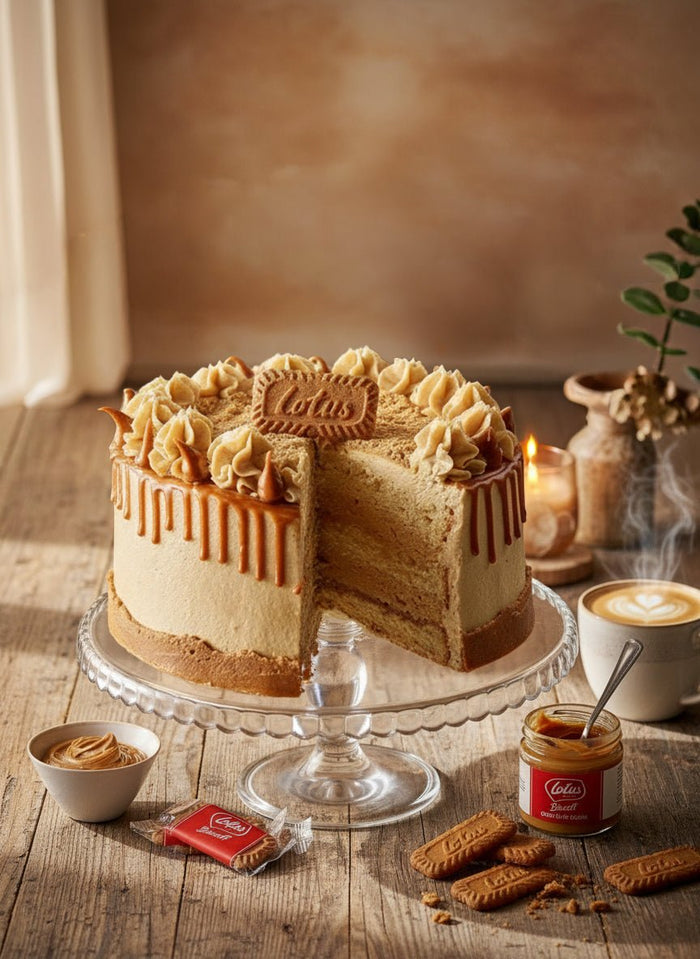 Vegan Biscoff Cake cut open on a glass stand with caramel drip, a Lotus biscuit and a coffee alongside