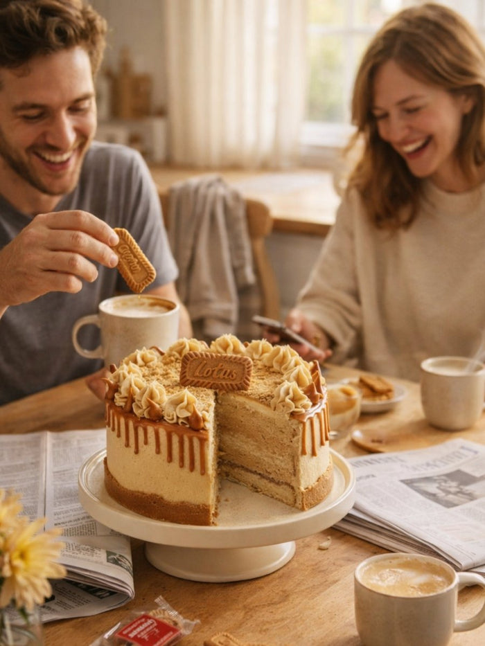 Couple sharing coffee and a vegan Biscoff cake at a sunlit kitchen table