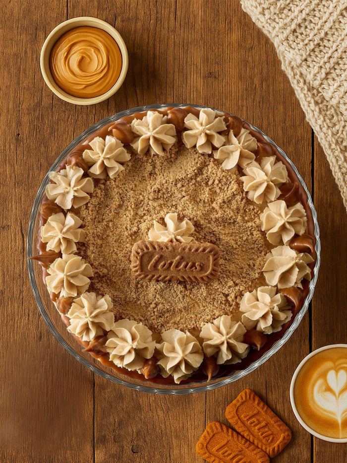 Overhead view of the Biscoff cake, biscuit crumb centre ringed with caramel swirls and a Lotus biscuit