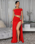Venezia Red Gold Broach Top & Maxi Skirt Set