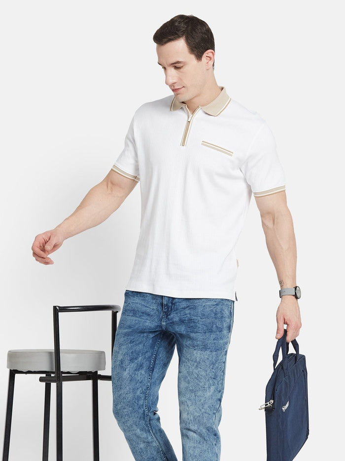 VERTICAL STRIPE HALF-ZIP POLO NECK DROP NEEDLE INTERLOCK T-SHIRT
