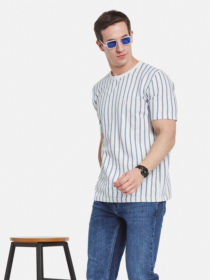 VERTICAL STRIPE ROUND NECK POPCORN KNIT  T-SHIRT