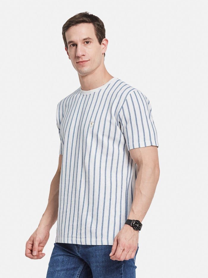 VERTICAL STRIPE ROUND NECK POPCORN KNIT  T-SHIRT