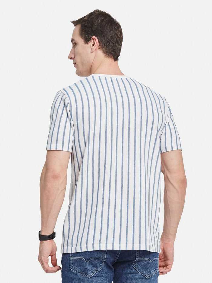 VERTICAL STRIPE ROUND NECK POPCORN KNIT  T-SHIRT