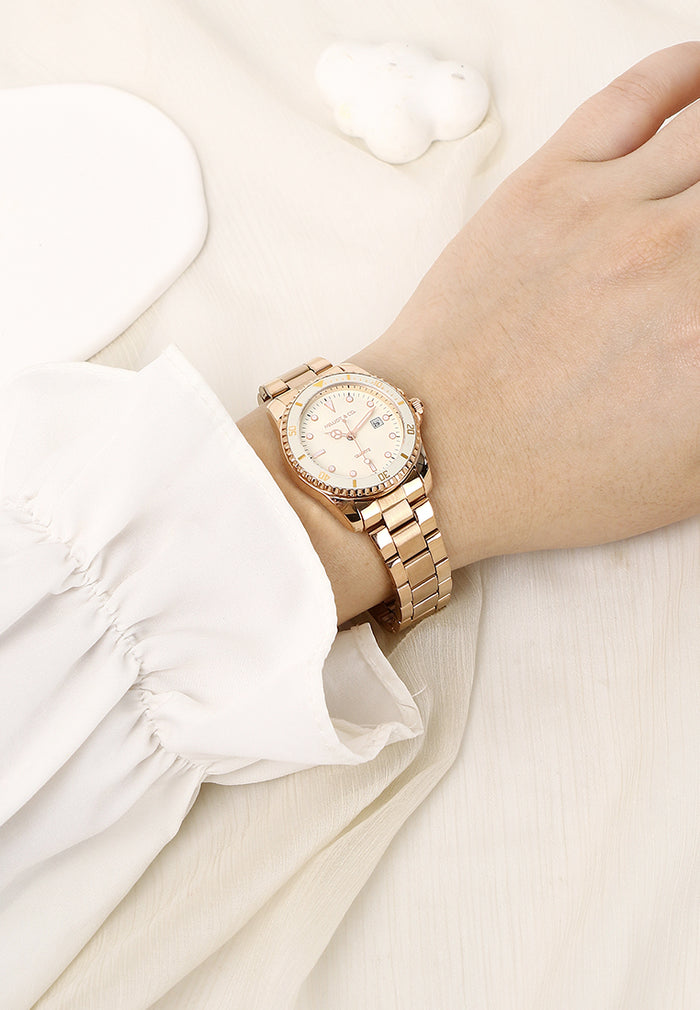 Victoria Rose Gold Stainless Steel Strap Watch V2 (Beige)