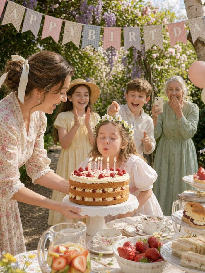 Child blowing out candles on a Victoria sponge birthday cake at a garden party