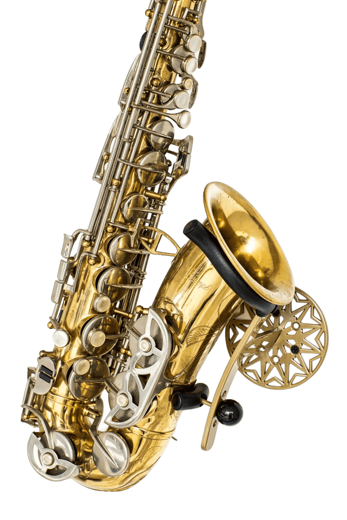 golden alto saxophone in wallmount white wall product photo Locoparasaxo
