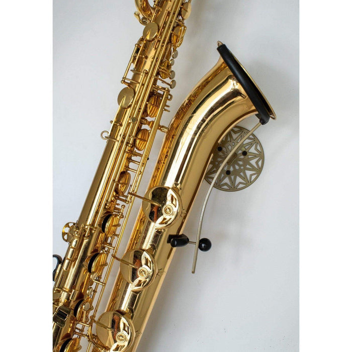 gold baritone saxophone in wallmount  Samba on white wall by Locoparasaxo.com