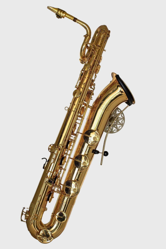 full view baritone saxophone wallmount Samba Bronze on white wall by Locoparasaxo.com
