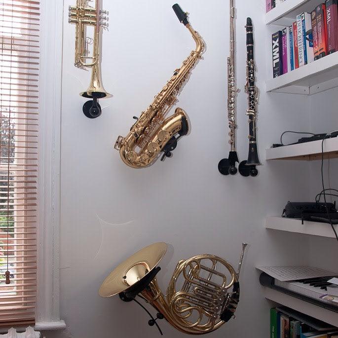 french horn, saxophone, trumpet, flute, clarinet mounted in stands on a  home wall