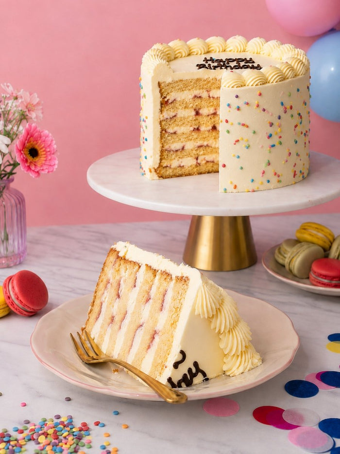 Slice of white birthday cake showing vanilla sponge, raspberry jam and cream layers beside the cut cake