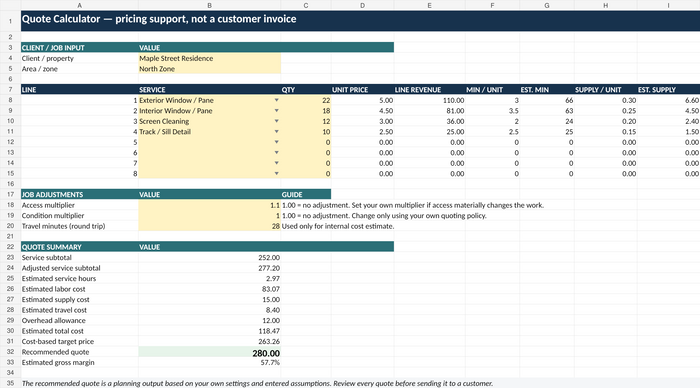 Window cleaning business quote calculator spreadsheet with editable services, job costs and estimated margin.