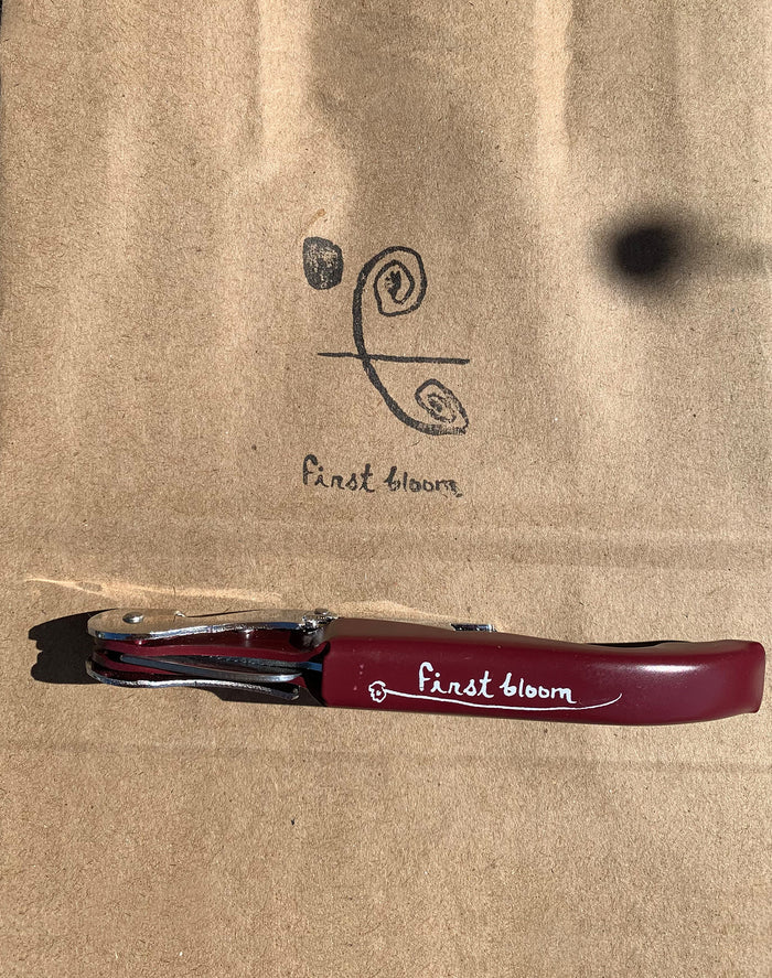 A stainless steel corkscrew with a maroon handle, labeled 'First Bloom' in white script, placed on a brown paper background with a logo.
