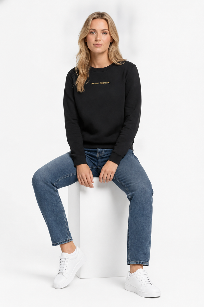 Women Black Cotton Fleece | Round Neck Full Sleeves Casual Winter Sweatshirt