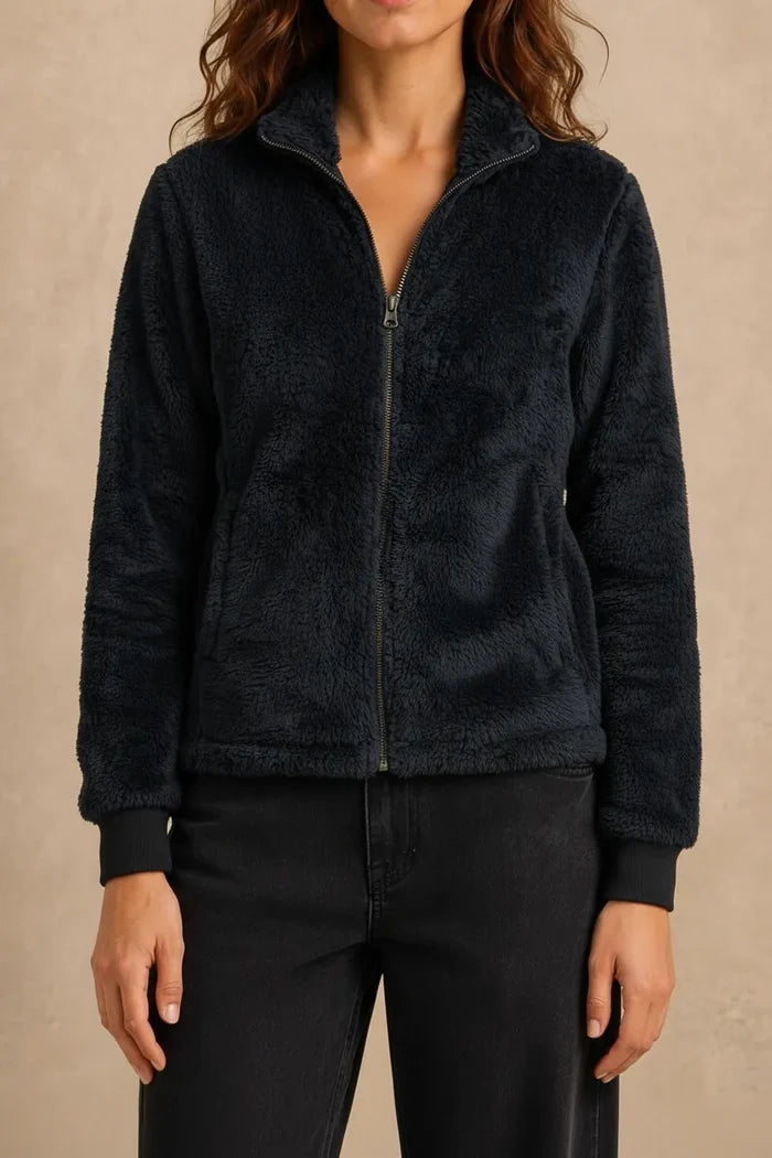 Women Black Double Sided Coral Fur Full Zip | Soft Winter Sweatshirt