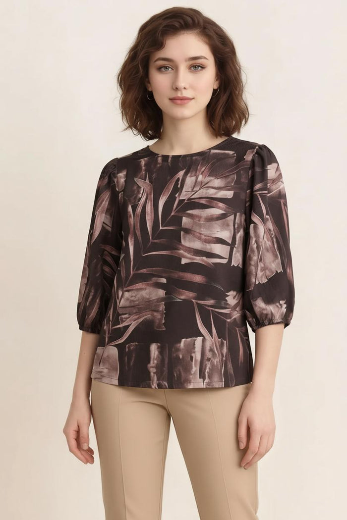 Women Black Floral Print Puff Sleeve Cotton Top