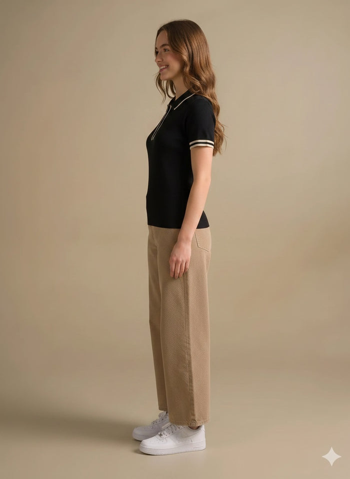 Women Black Polo Collar T-shirt
