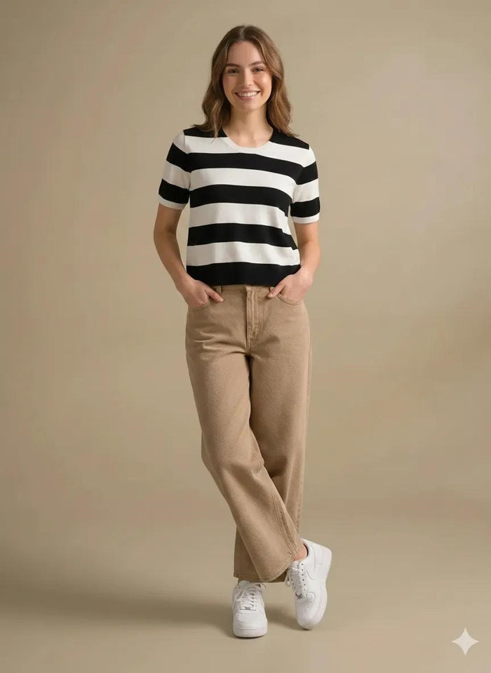 Women Black Striped V-Neck Cotton T-shirt