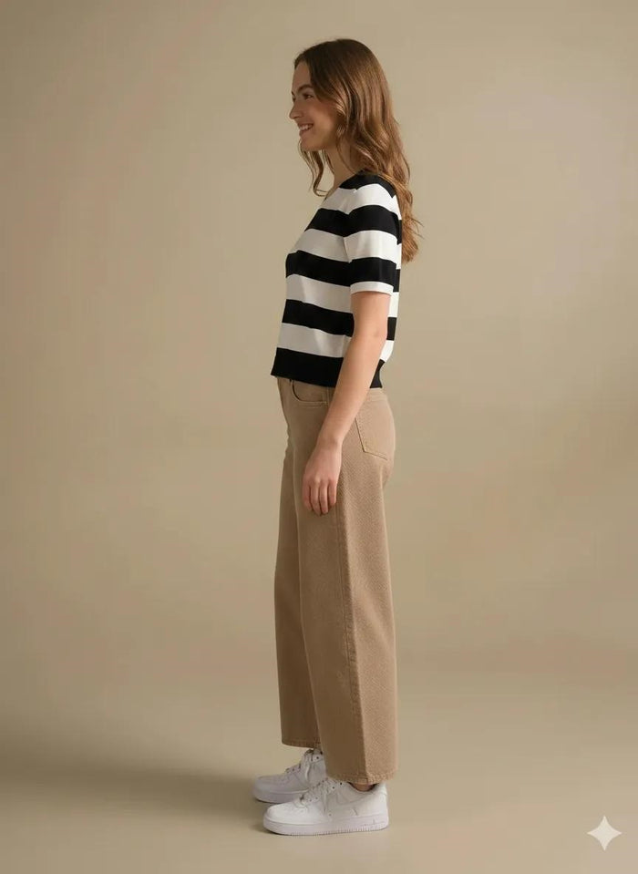 Women Black Striped V-Neck Cotton T-shirt