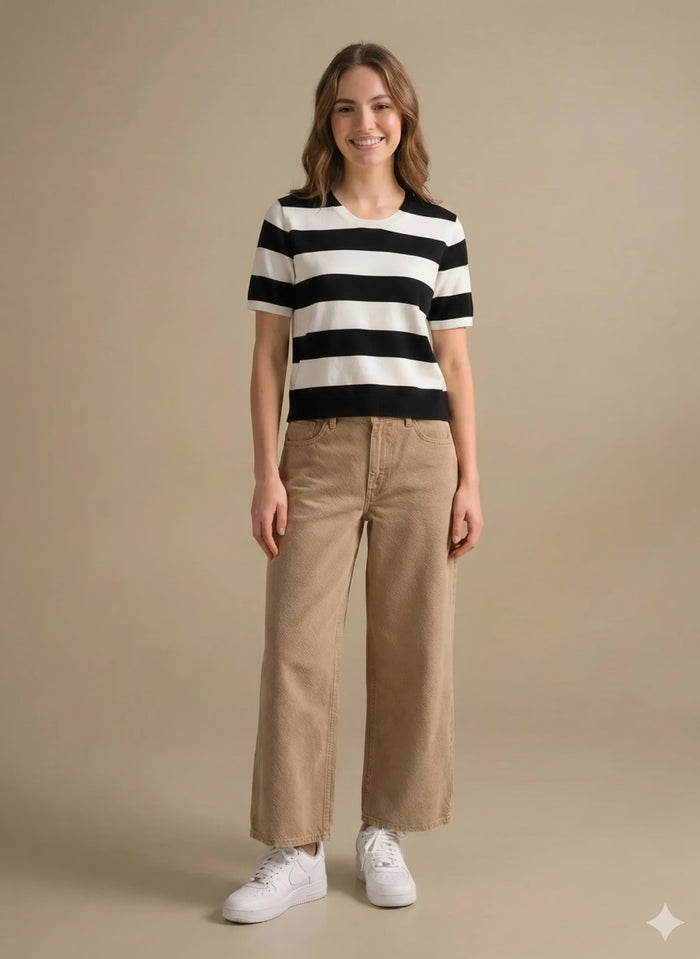 Women Black Striped V-Neck Cotton T-shirt
