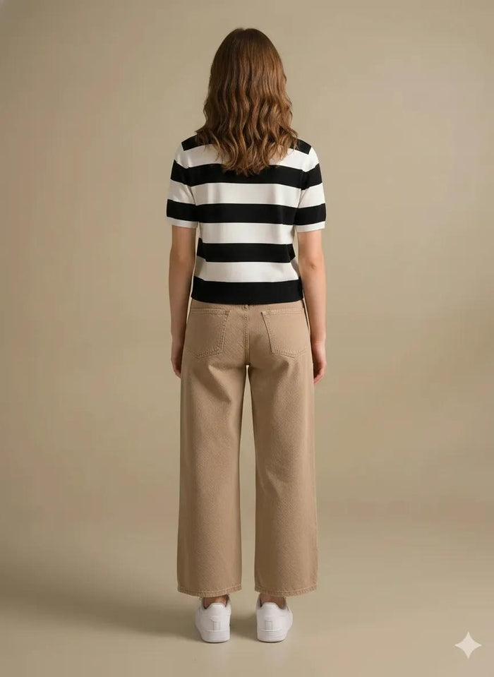 Women Black Striped V-Neck Cotton T-shirt