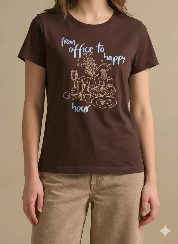 Women Coffee Printed Round Neck T-Shirt