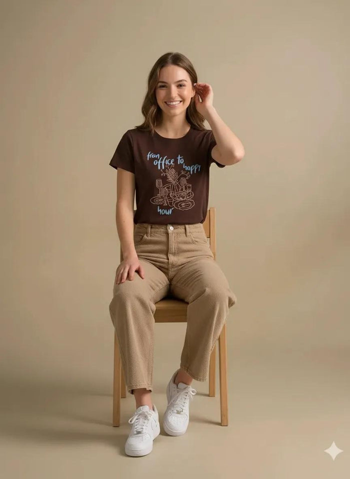Women Coffee Printed Round Neck T-Shirt