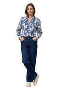 Women Denim Floral Polo Neck Shirt
