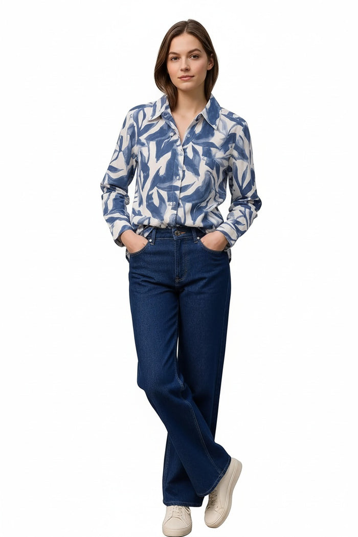 Women Denim Floral Polo Neck Shirt