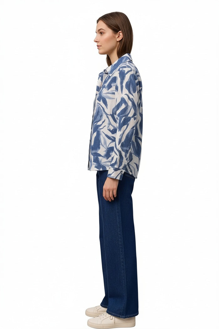 Women Denim Floral Polo Neck Shirt