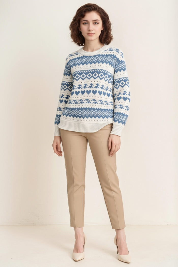 Women Fair Isle Printed Round Neck Pullover Sweater