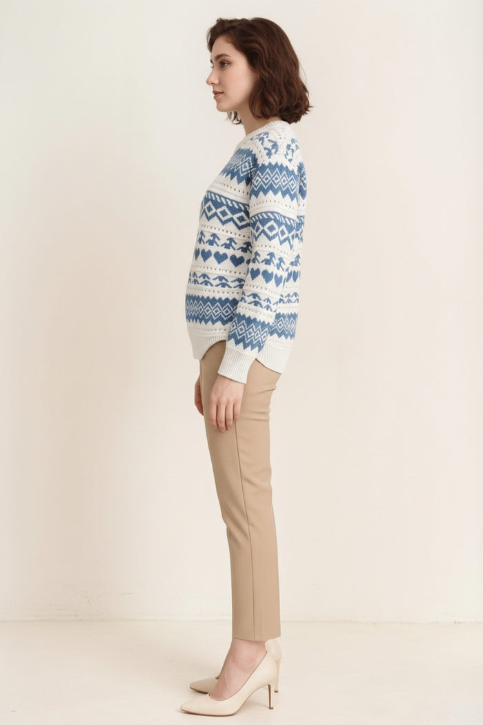 Women Fair Isle Printed Round Neck Pullover Sweater