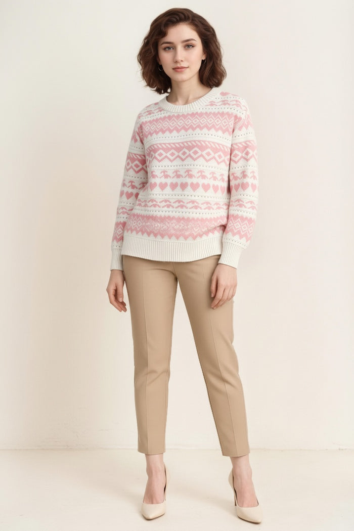Women Fair Isle Printed Round Neck Pullover Sweater