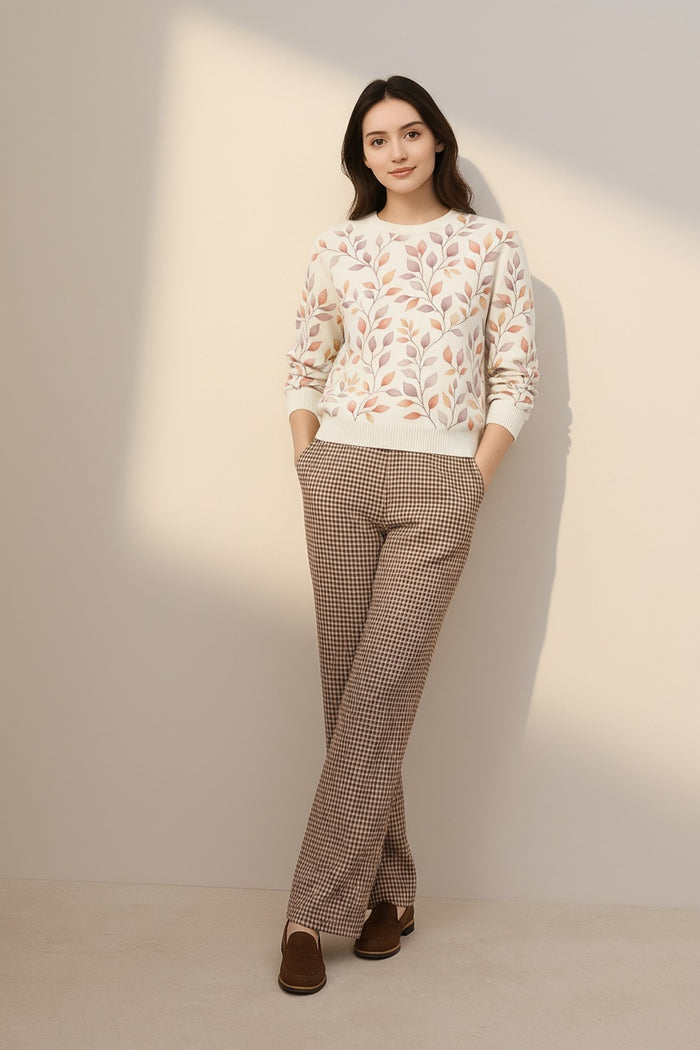 Women Floral Printed Round Neck Pullove Sweater