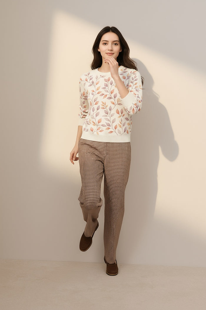 Women Floral Printed Round Neck Pullove Sweater