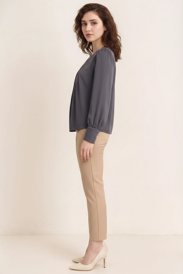 Women Grey Puff Sleeve Cotton Top