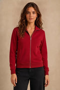 Women Hot Pink Cotton Blended German Velvet Full Zip | Standing Collar Winter Sweatshirt